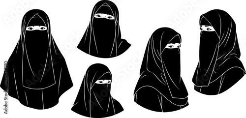 Muslim woman wearing black niqab and hijab portrait set vector illustration depicting traditional Islamic modest dress for middle eastern culture and religion. 