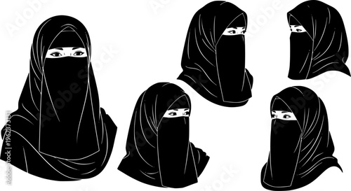 Muslim woman wearing black niqab and hijab portrait set vector illustration depicting traditional Islamic modest dress for middle eastern culture and religion. 
