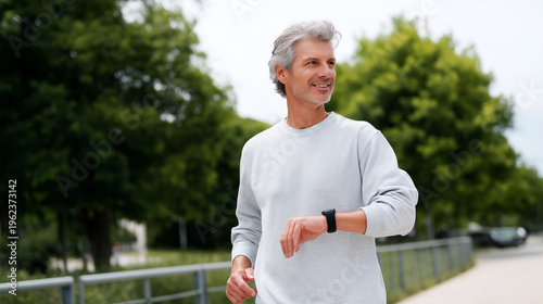 Man checks watch while walking in city park during summer day