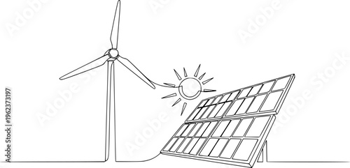 Continuous one line drawing of wind turbine and Solar panel vector illustration. Editable outline
