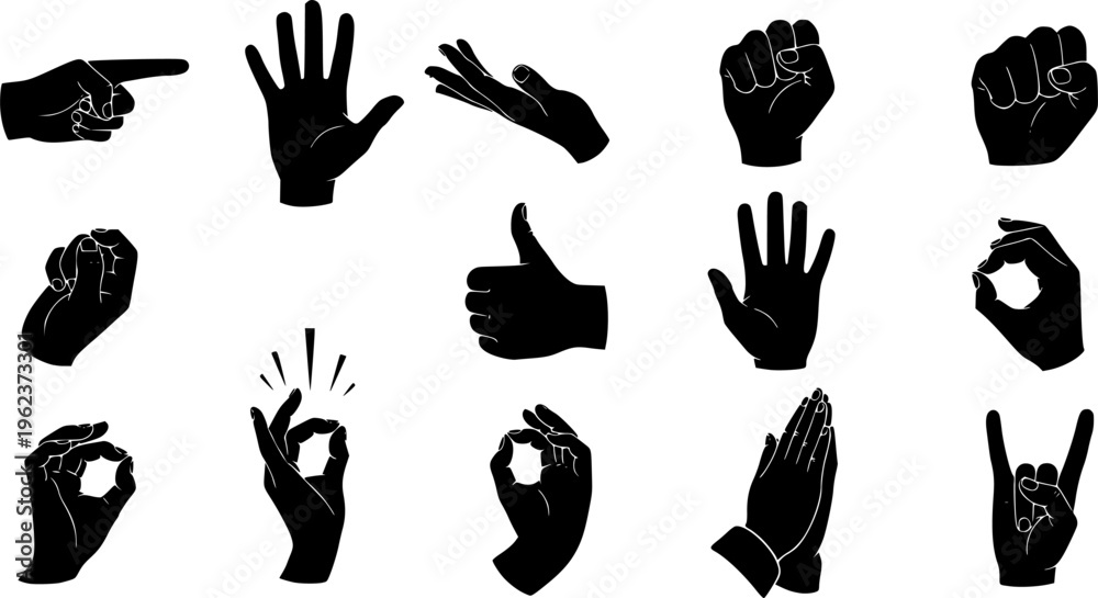 Fototapeta premium Hand gesture silhouettes vector illustration set, black human hands collection with pointing, open palm, fist poses for icon, sign, design use 