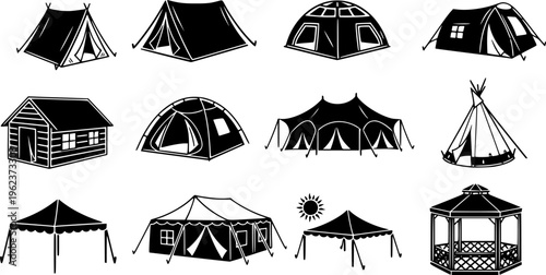 Collection of diverse tent and canopy icons for outdoor events and camping adventures
