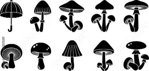 Mushroom silhouette vector icons set, botanical fungi illustration for forest, nature, wild plants, food design, and educational use
