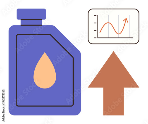 Energy statistics, sustainability, oil industry, economic growth, resource management, market trends. Oil bottle, upward arrow graph with rising curve. Economic growth and energy statistics concept