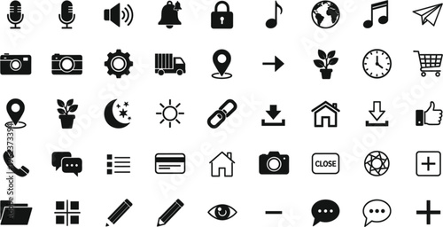 Universal solid interface icons set including media communication navigation security files home and web elements black silhouette vector collection