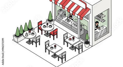 Outdoor seating area of a restaurant.