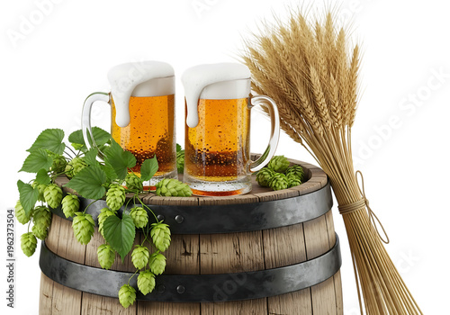 Two Mugs of Frothy Golden Beer with Hops and Wheat Stalks on a Wooden Barrel, Brewery Concept