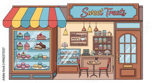 A colorful cartoon sweet shop exterior.