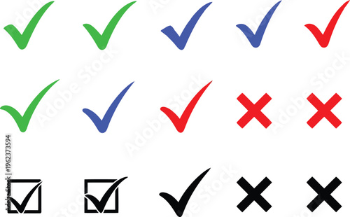 Colorful and monochrome checkmarks and crosses in various styles Vector