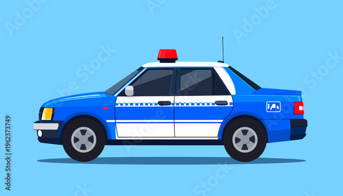 Cartoon police car illustration on blue background