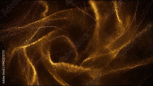 Flowing golden filament waves with drifting particles forming smooth organic curves in dark space in seamless cinematic motion