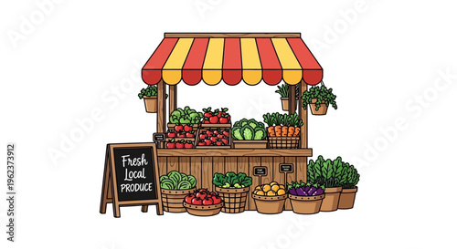 Colorful illustration of a fresh produce market stand.