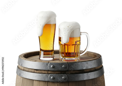 Two Frothy Glasses of Golden Beer, a Pilsner and a Mug, Resting on a Rustic Wooden Barrel for Celebrations