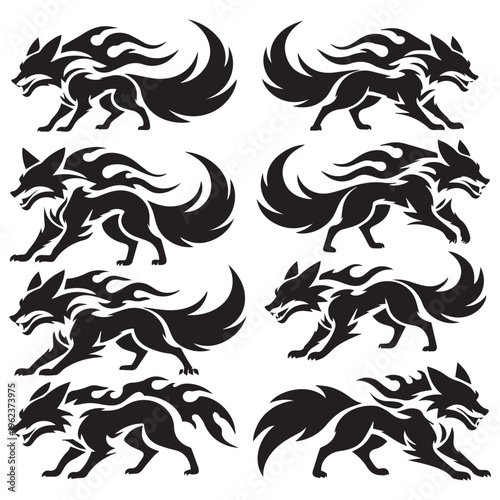 Dynamic flame fox designs showcasing mysticism and powerful motion