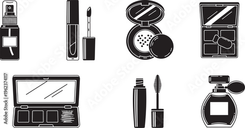 Black and white makeup cosmetics illustration set with various beauty products and tools for skincare and makeup application