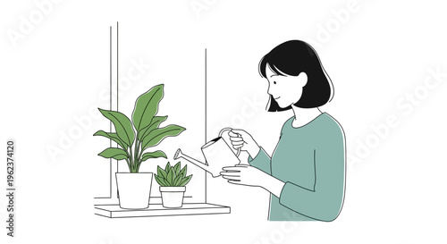 Woman watering plants on a shelf.
