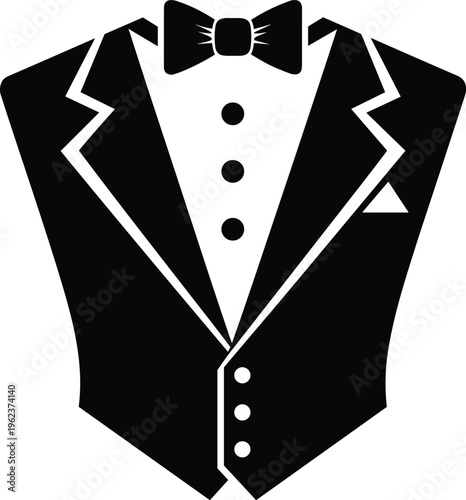 Elegant Black Tuxedo Suit Vector Illustration Featuring Bow Tie and Pocket Square for Formal Wedding Invitations Gala Events Groomsmen Fashion and Sophisticated Gentleman Celebration Graphics