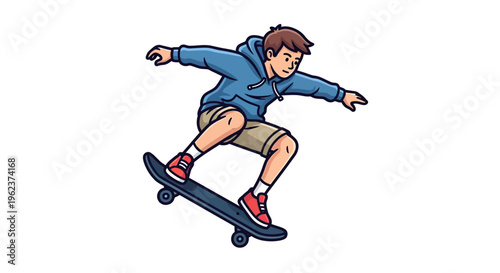 Teenager performing skateboard tricks outdoors.
