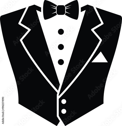 Elegant Black Tuxedo Suit Vector Illustration with Bow Tie and Pocket Square for Formal Events Wedding Invitations Gala Celebrations Groomsmen Attire and Gentleman Fashion Design