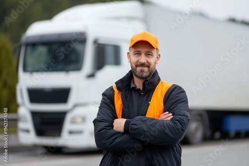 Truck driver stands by truck on highway during daylight hours