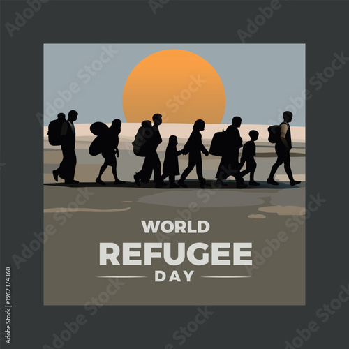 World refugee day poster with people walking
