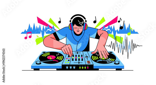 DJ mixing music on turntables with colorful sound waves.