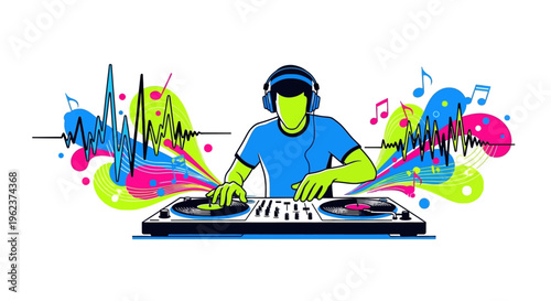 DJ mixing music on turntables with colorful sound waves.