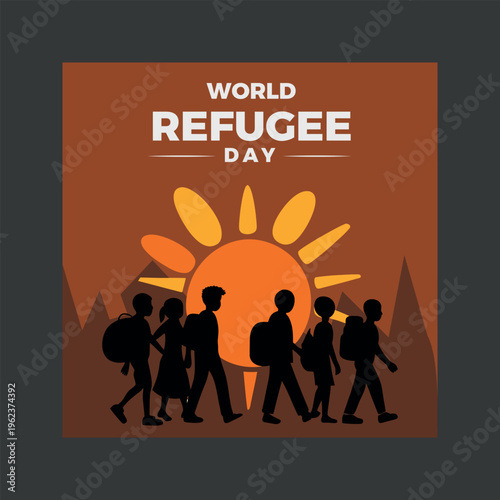 World refugee day awareness poster with people walking