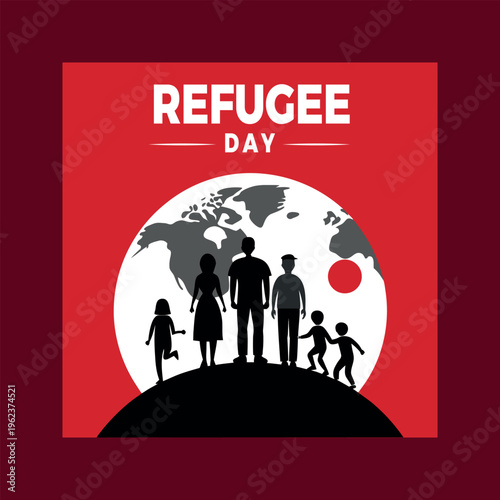 Refugee day with family silhouette on globe