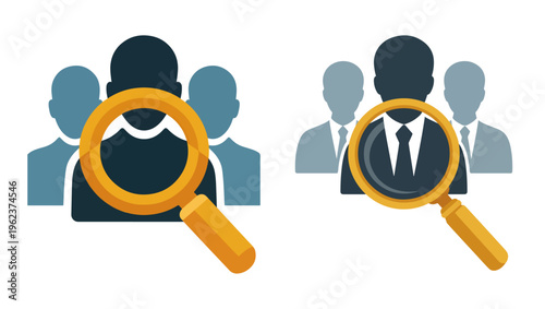 Stylized Recruitment Icon – Candidate Selection, recruitment icon, candidate selection, human resources, HR illustration, job search, hiring process, employment icon, magnifying glass, 