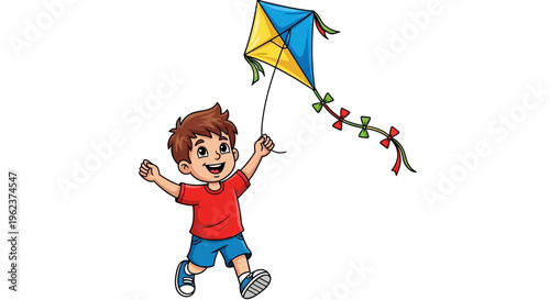 A young boy flying a colorful kite outdoors.