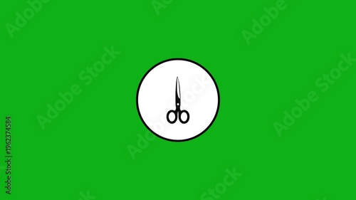 Animated scissors icon cutting paper in circle on green screen motion graphic background.