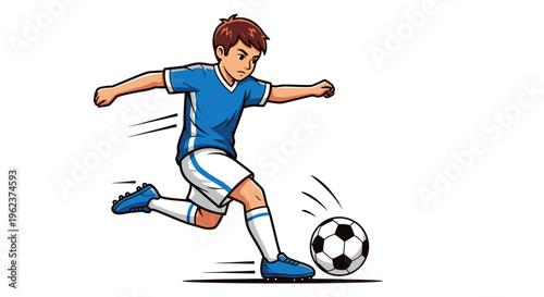 Boy kicking a soccer ball with motion lines.