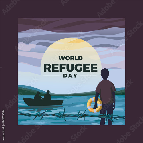 World refugee day awareness poster with a boy and a boat