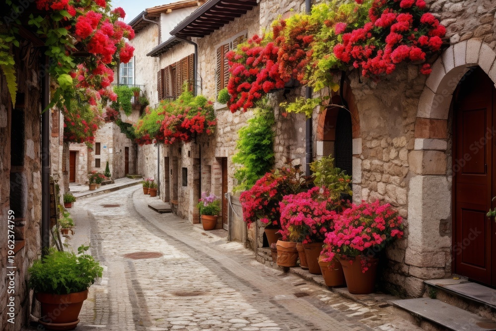 Obraz premium Stone houses line a charming alleyway adorned with vibrant red and pink geraniums in bloom
