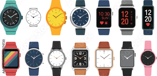 Hand watch with bracelet vector illustration featuring modern and classic luxury mechanical and smart wrist watches for men and women
