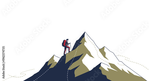 Hiker reaching mountain summit with backpack.