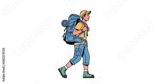 a cartoon man with a backpack walking.