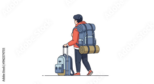 Person pulling suitcase with backpack on.