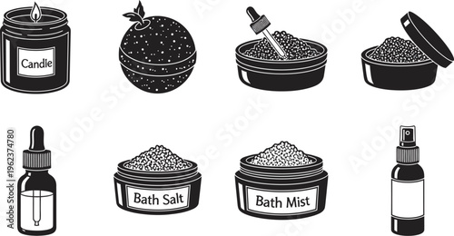Black and white illustration of bath and body products including candle, bath salts, essential oils, and bath bombs for relaxation and self-care routine