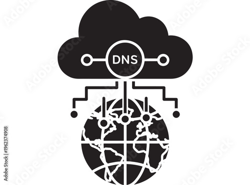 Cloud DNS server with global network connections and world map featuring internet, technology, digital with communication and data elements for