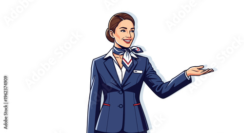 Friendly flight attendant presenting information.
