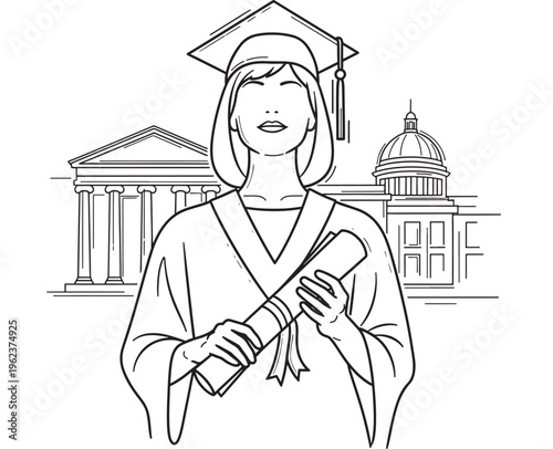 Graduation cap with academic regalia and diploma for a female student featuring university, education, college with scholar and learning elements for