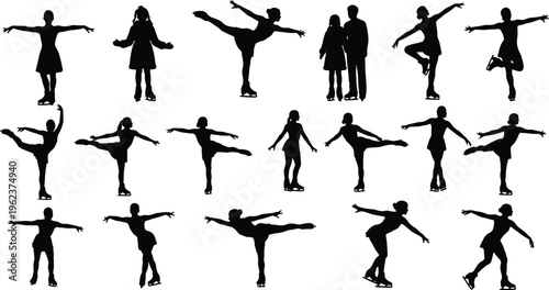 Vector set of black ice skating silhouettes featuring female figure skaters in various graceful poses and athletic motions isolated on white background for winter sports design.