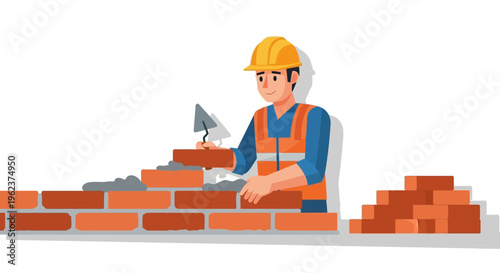 Construction worker building a brick wall.