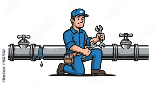 A plumber kneeling with a wrench.