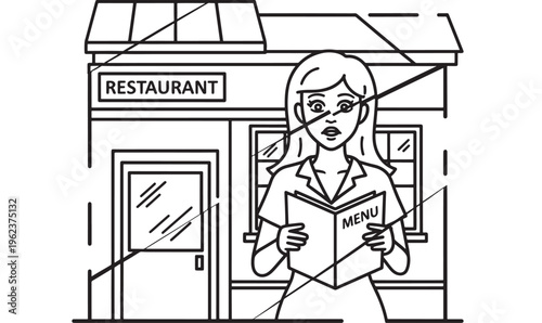 Woman standing outside restaurant with menu in hand looking surprised featuring door, sign, building with illustration and line art elements for