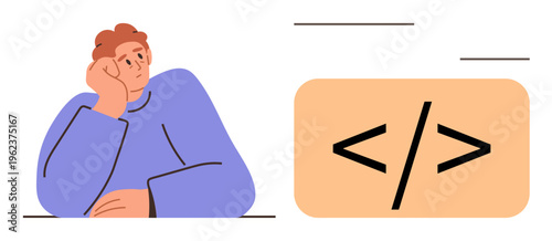 Software development, programming, innovation, coding education, creative thinking, web design. A person in deep thought next to a coding symbol. Programming and innovation concepts