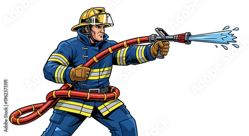 Firefighter in action spraying water.