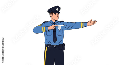 Police officer directing traffic with hand.